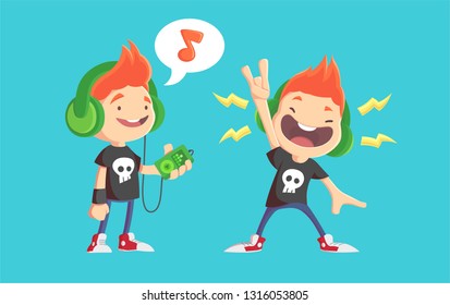 Funny cartoon Rock guy. Boy with headphones listening music. Rock symbol.