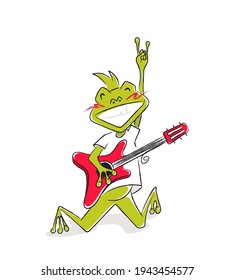 Funny cartoon rock star frog with guitar and rock n roll sign. Vector illustration