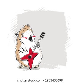 Funny cartoon rock star hedgehog with guitar. Vector illustration