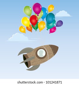 funny cartoon rocket and balloons