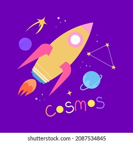 Funny cartoon rocket in space. Cosmos lettering. Hand drawn vector illustration isolated on purple background