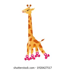 Funny cartoon roller-skating giraffe on white background. Cute animal giraffe goes in for sport. Giraffe on rollers. Vector illustration