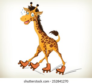 funny cartoon roller-skating giraffe on white background