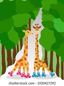 Funny cartoon roller-skating giraffes in the park. Children illustration animals go in for sports. Cute loving giraffes. Giraffes on rollers. Vector illustration