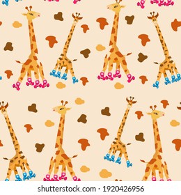 Funny cartoon roller-skating giraffes seamless pattern. Children illustration animals go in for sports. Cute loving giraffes. Giraffes on rollers. Kids pattern.