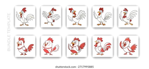 Funny cartoon rooster character bundle