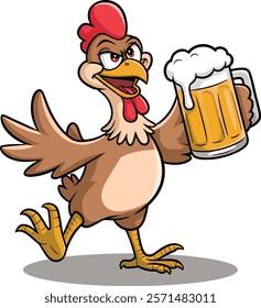 Funny cartoon rooster chicken holding beer glass vector art illustration