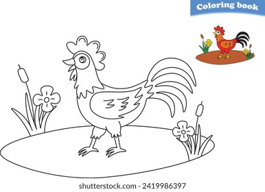 Funny cartoon rooster. Coloring pages. Vector illustration