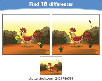 Funny cartoon rooster. Find 10 differences. Kids Education games. Cartoon vector illustration