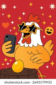 Funny Cartoon Rooster Taking a Selfie with a Golden Egg
