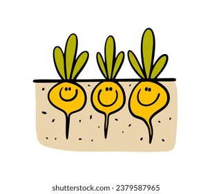 Funny cartoon root vegetables  with human face grow in the ground . Vector illustration of hand drawn  vegetable garden in summer and spring. Funny person isolated on white background.