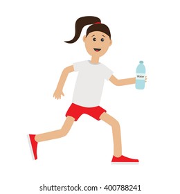 Funny cartoon running girl holding water bottle. Cute run woman Jogging lady Runner Fitness workout running female character  Isolated White background. Flat design Vector illustration
