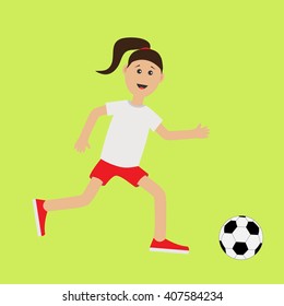 Funny cartoon running girl with soccer ball.  Football player. Cute run woman Runner Fitness workout running female character Green background. Flat design Vector illustration