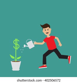 Funny cartoon running guy Boy character Businessman hand holding watering can Money tree plant with dollar sign Flat design  Green background. Flat design Vector illustration