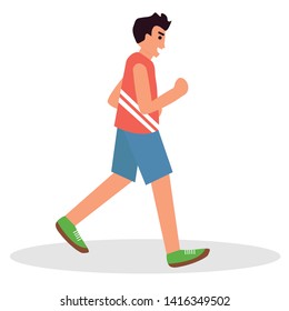 Funny cartoon running guy Cute run boy Jogging man Runner Fitness workout running male character Isolated White background. Flat design