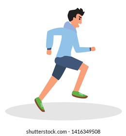 Funny cartoon running guy Cute run boy Jogging man Runner Fitness workout running male character Isolated White background. Flat design