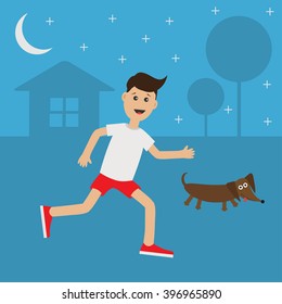 Funny cartoon running guy Dachshund dog.  Night summer time. House, tree silhouette Stars shining Run boy Jogging man Runner outside Fitness cardio workout Running male character Flat Vector