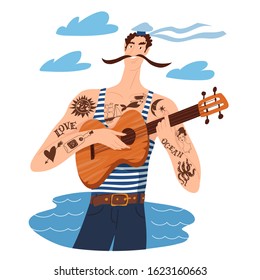 Funny cartoon sailor plays guitar and sings a love song with passion. Vector illustration for print design.