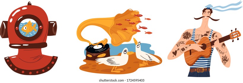 Funny cartoon sailor plays guitar and sings a love song with seagulls and music player and fish. Vector illustrations for print design.