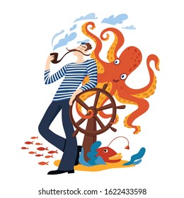 Funny cartoon sailor smokes a pipe with cute octopus. Vector illustrationfor tshiet print design. 