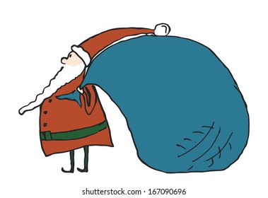 Funny cartoon Santa with big bag. Vector imaje.