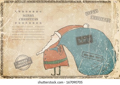 Funny cartoon Santa with big bag on a old background. Eps10 vector image.