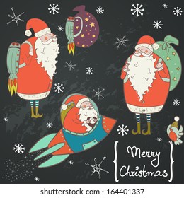 Funny cartoon Santa and bird set. Cute colorful winter collection on blackboard background. New Year design with snowflakes, Santa Claus and bird.