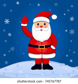Funny cartoon Santa Claus character with waving his right hand on winter background with snowflakes. Design element for Merry Christmas and Happy New Year holiday greeting card