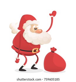 Funny cartoon Santa claus character with a red sack with gifts. Vector Christmas illustration