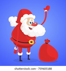 Funny cartoon Santa claus character with a red sack with gifts. Vector Christmas illustration