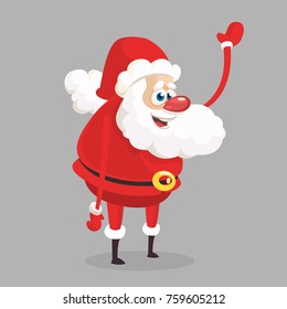 Funny cartoon Santa claus character waving hand isolated white background. Vector Christmas illustration