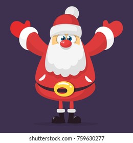 Funny cartoon Santa claus character waving hands isolated white background. Vector Christmas illustration