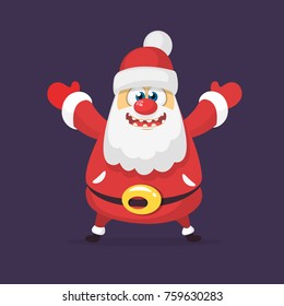 Funny cartoon Santa claus character waving hands isolated white background. Vector Christmas illustration