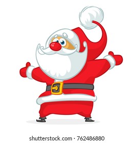 Funny cartoon Santa claus character pointing hand isolated white background. Vector Christmas illustration