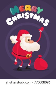 Funny cartoon Santa claus character waving hands isolated white background. Vector Christmas illustration
