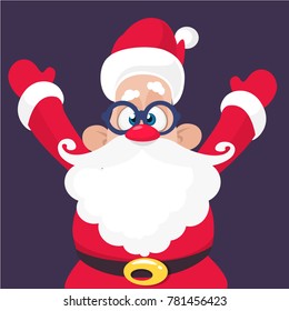 Funny cartoon Santa claus character waving hands isolated white background. Vector Christmas illustration