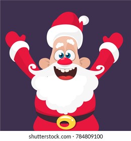 Funny cartoon Santa claus character waving hands isolated white background. Vector Christmas illustration