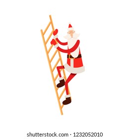 Funny cartoon Santa Claus is climbs the stairs up on isolated white background. Suitable for greeting New Year and Christmas cards, posters. Vector illustration in flat style. 