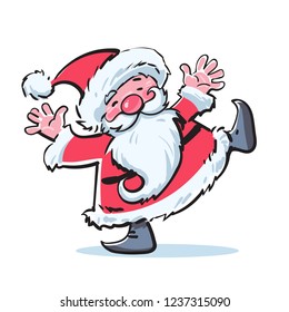 Funny cartoon Santa Claus dancing.  Hand drawn sketch style vector illustration isolated on white background. For Christmas and New Year greeting card, invitation, poster, banner, template design.