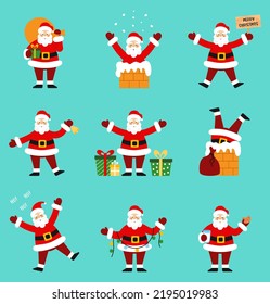Funny cartoon Santa Claus, designs for any purposes. Happy New Year design elements. Icon set. Christmas theme vector illustration in flat style. 