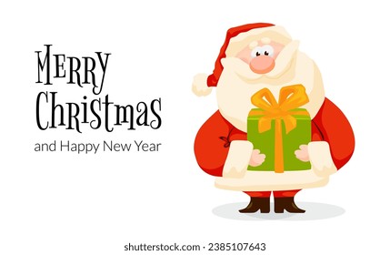 Funny cartoon Santa Claus with gifts box. Christmas card with Santa present. Christmas and New Year vector illustration posters, gift tags, sale flyer, label.