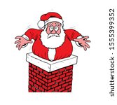 funny cartoon Santa Claus got stuck in the chimney on the roof.