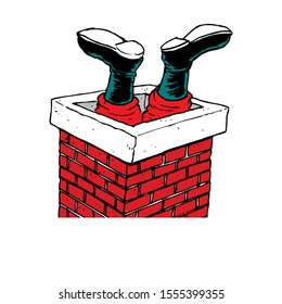 funny cartoon Santa Claus got stuck in the chimney on the roof.