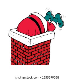 funny cartoon Santa Claus got stuck in the chimney on the roof.