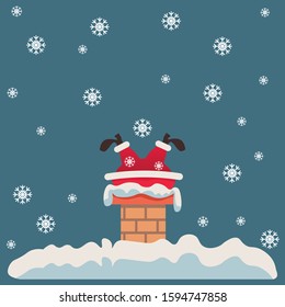 Funny cartoon of Santa Claus got stuck in chimney with snowflakes, vector illustration, isolated on background