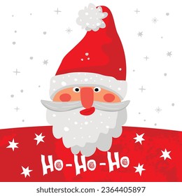 Funny cartoon Santa Claus and hand written text.Portrait of cute character with a beard and mustache.Christmas card with decorative elements.Winter seasonal hand drawn vector  illustration on white.