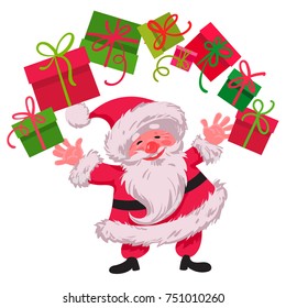 Funny cartoon Santa Claus  holding a big pile of gift boxes, presents. For Merry Christmas greeting card, holiday invitations, posters, banners, templates. Vector illustration isolated.