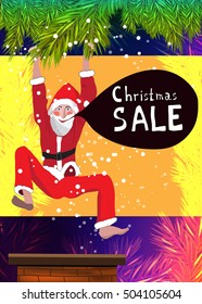 Funny cartoon Santa Claus holds a Christmas tree. A young man With character. Jumps into the chimney. Beautiful Christmas background.