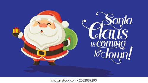 Funny cartoon Santa Claus holidng small Christmas gift on dark blue background with calligraphy lettering. For Christmas and New Year greeting card and social media use. Merry Christmas card