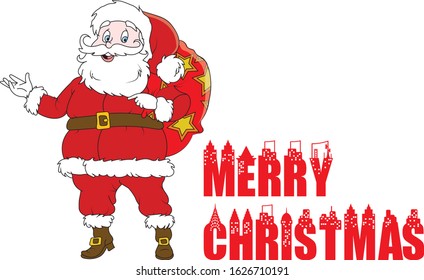 Funny cartoon Santa Claus with huge red bag with presents.For Christmas and New Year posters, gift tags and labels.Vector Illustration.